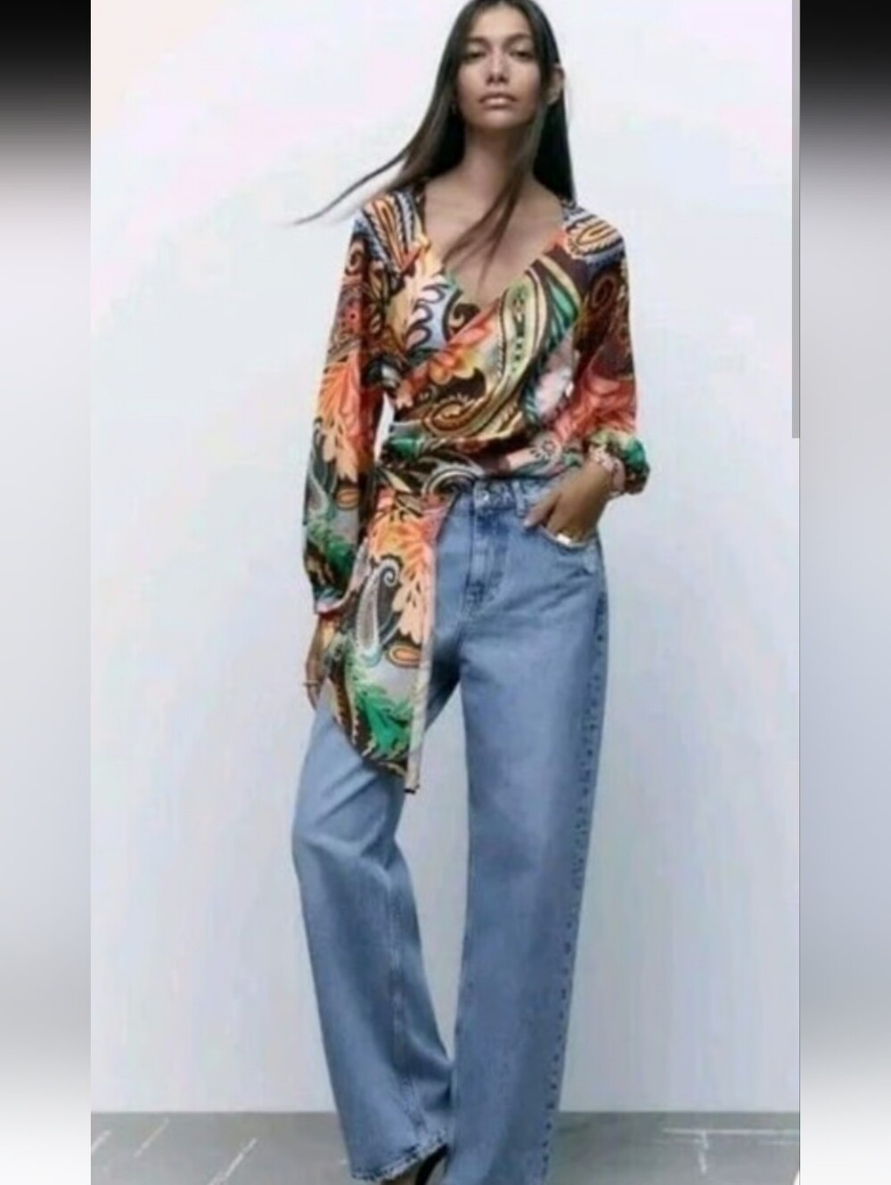#276. Zara Printed Crossover Paisley Wrap Blouse in Orange, Green and Brown